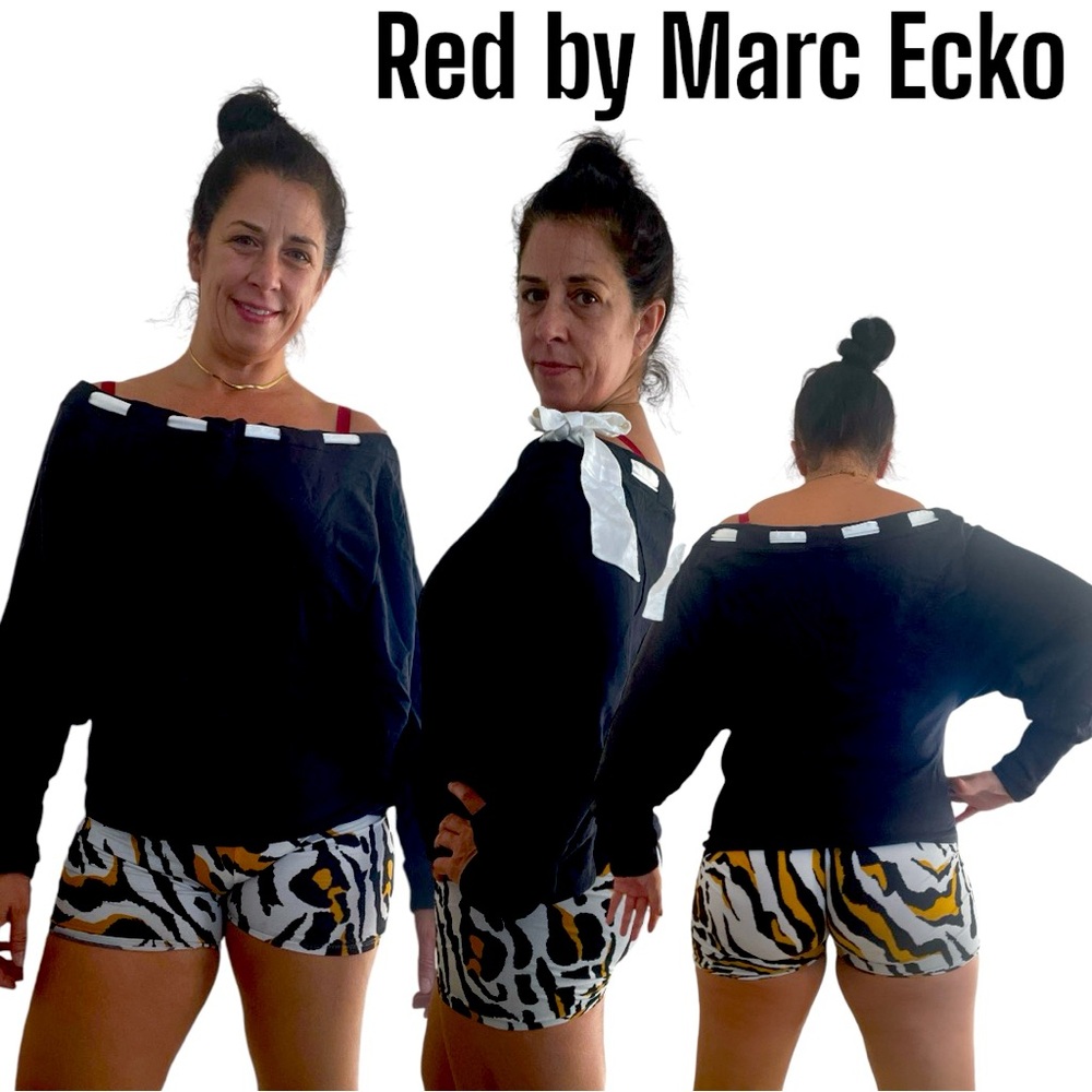 Red by Marc Ecko off the shoulder black knit dolman sleeve top